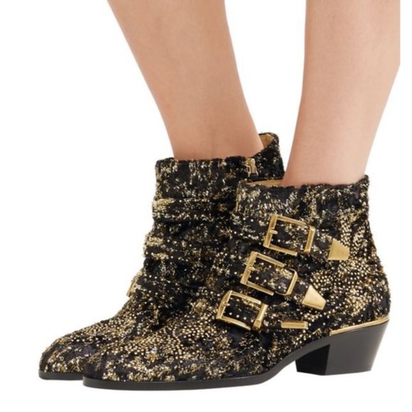 Chloe Shoes - ❌SOLD❌Chloé Gold Susanna Glittery Velvet Ankle Booties Black Shimmer